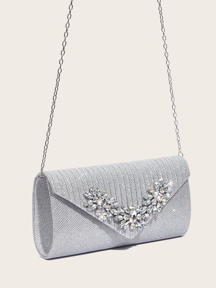 Sparkling Silver Party Clutch, Elegant Glitter Shoulder Bag For Party, Silver Glitter Clutch For Evening, Silver Glitter Evening Clutch, Glamorous Silver Glitter Clutch, Sparkling Clutch Bag For Events, Silver Shoulder Bag With Rhinestones For Party, Rhinestone Clutch For Prom, Sparkling Clutch For Events