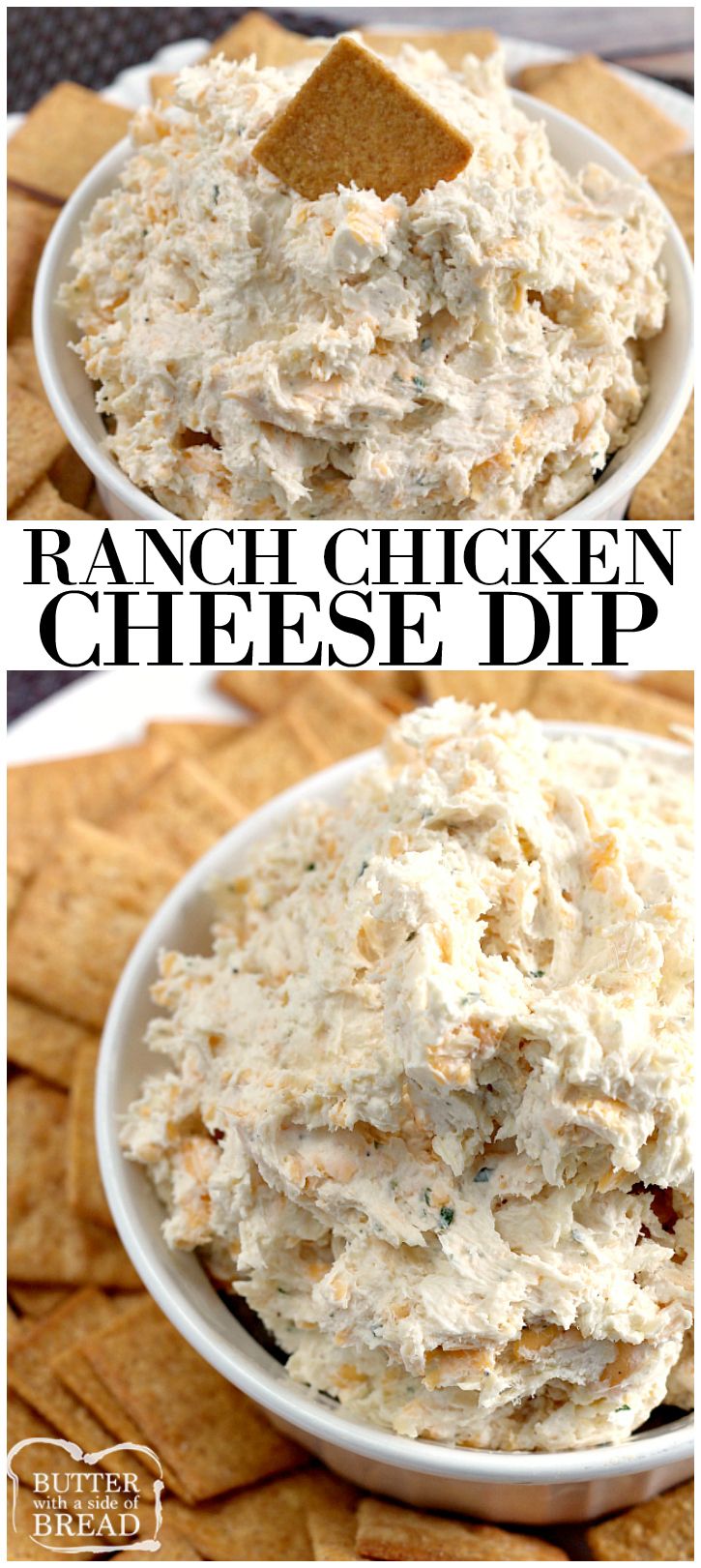 ranch chicken cheese dip in a white bowl with crackers on the side and text overlay