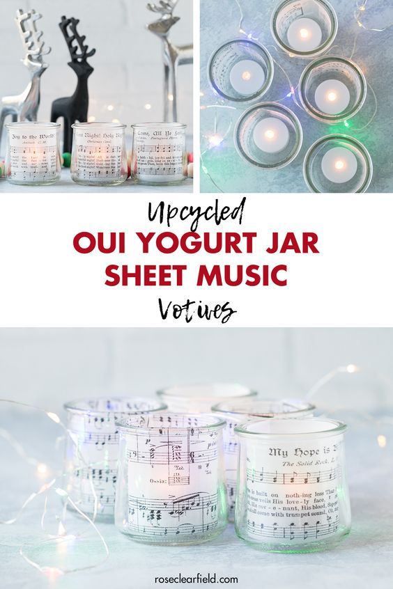 an image of candles with the words recycled ou yogurt jar sheet music votives