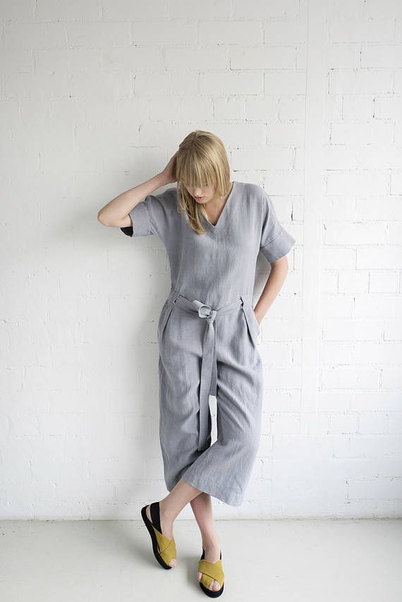 Linen Jumpsuit Motumo 17K3 / Handmade linen jumpsuit with Everyday Scenes, Jumpsuit With Belt, Womens Jumpsuits, Linen Jumpsuit, Touching Herself, Short Jumpsuit, V Neckline, Linen Dresses, Linen Clothes