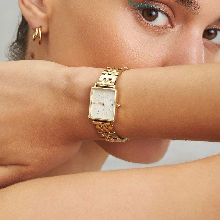 The Boxy XS Gold Engraved | Rosefield Official Rectangle Watch, Watch Engraving, Gold Watches Women, Instagram Style, Gold Engraving, Gold Case, Rachel Zoe, Beautiful Watches, Coin Necklace