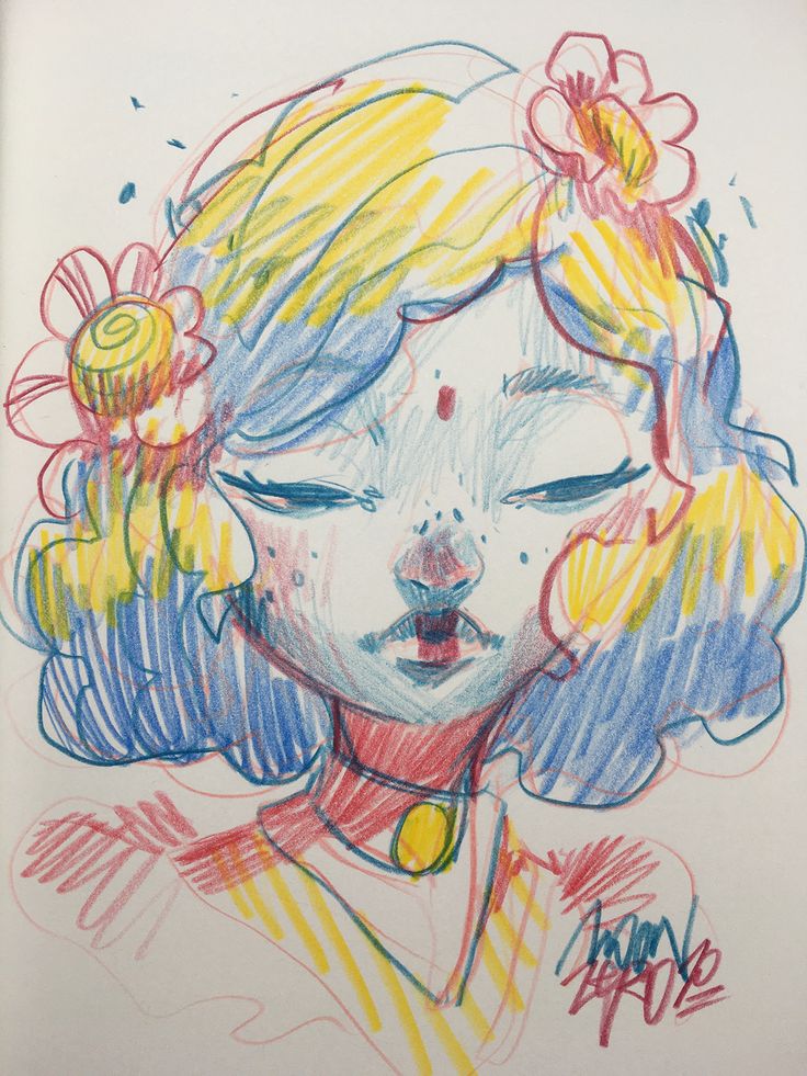 a drawing of a girl with flowers in her hair