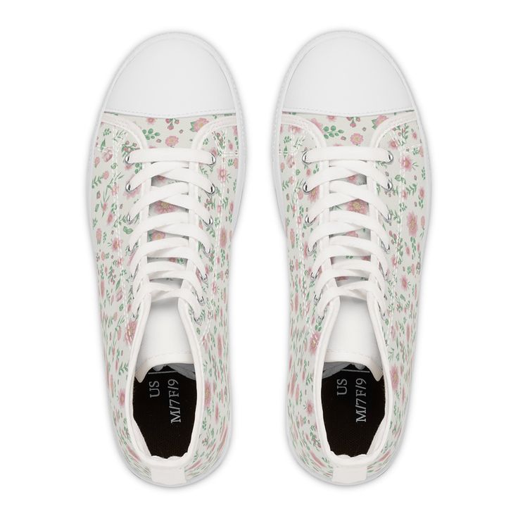 Step into spring with these adorable high-top sneakers featuring a charming pink floral design with green accents, offering a touch of vintage charm for your preppy wardrobe. Made with breathable polyester canvas and featuring hi-poly deodorant memory foam insoles, these women's high top canvas sneakers bear all the marks of an awesome shoe. Choose between black or white sole and laces, and enjoy the silver metal eyelets along with the lace-up closure. Add your designs and bring a bespoke staple to life.  * Breathable polyester canvas with PU leather decoration * Hi-poly deodorant memory foam insoles * EVA shock-absorbing insole * Durable rubber outsole Preppy Wardrobe, Leather Decoration, Pink Clothes, Sneakers Pink, Green Retro, Leather Decor, Floral Canvas, Green Accents, Vintage Canvas