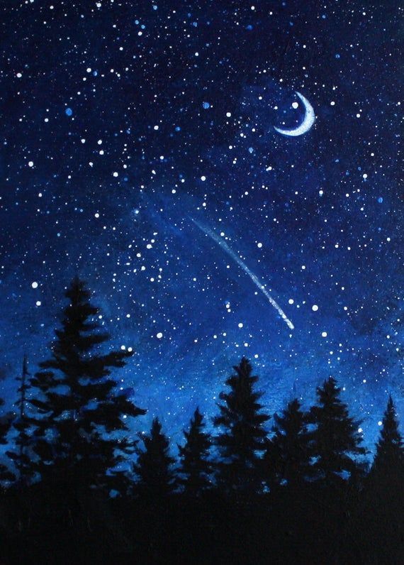 the night sky with stars and trees painted on it, as well as a shooting star