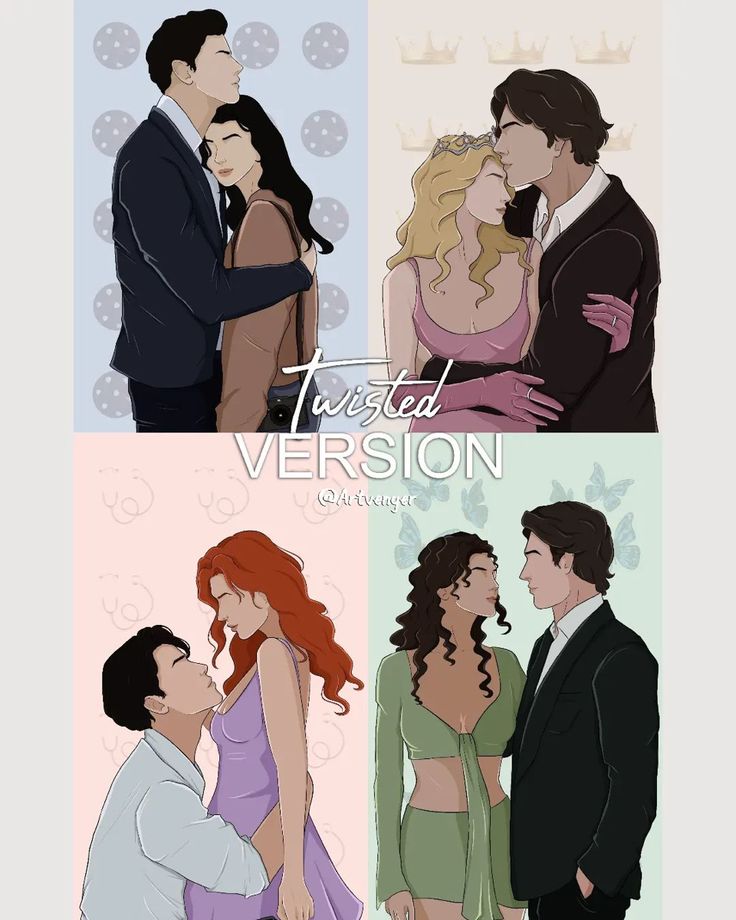 four different colored images of people in suits and ties, one is kissing the other