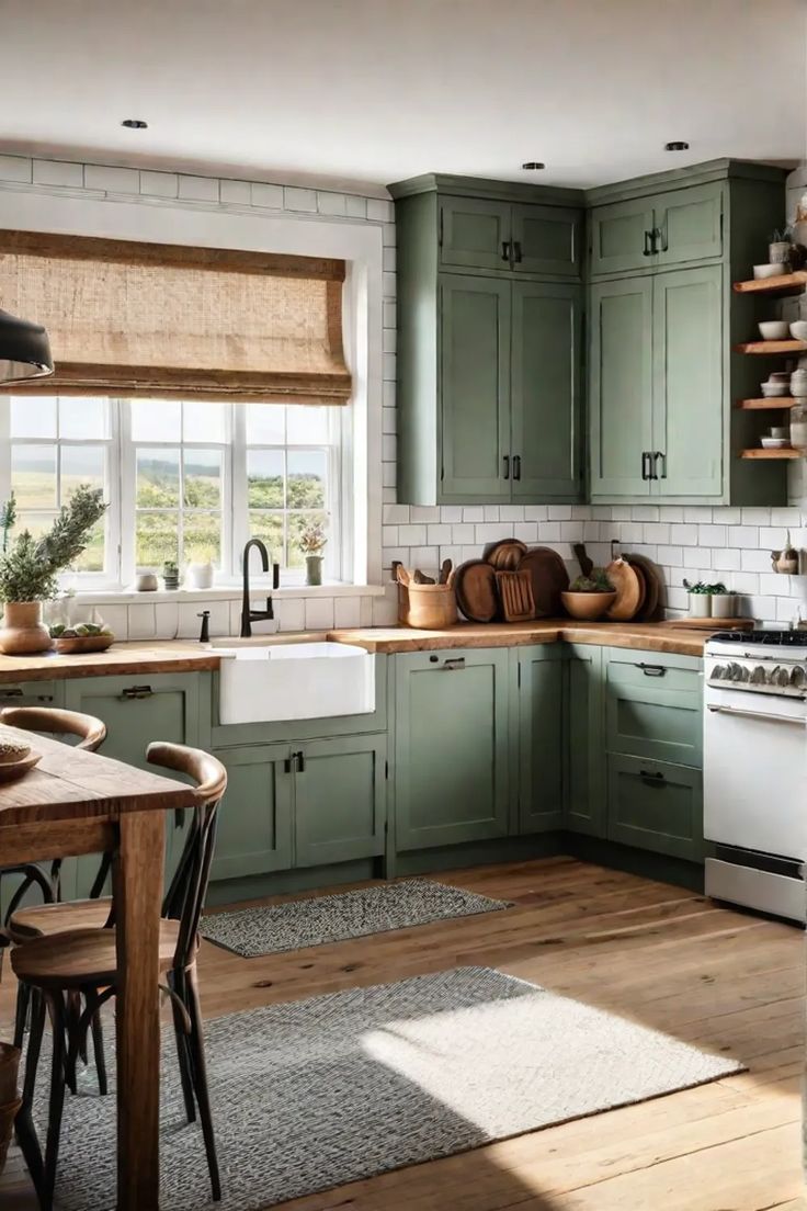 a kitchen with green cabinets and wooden floors