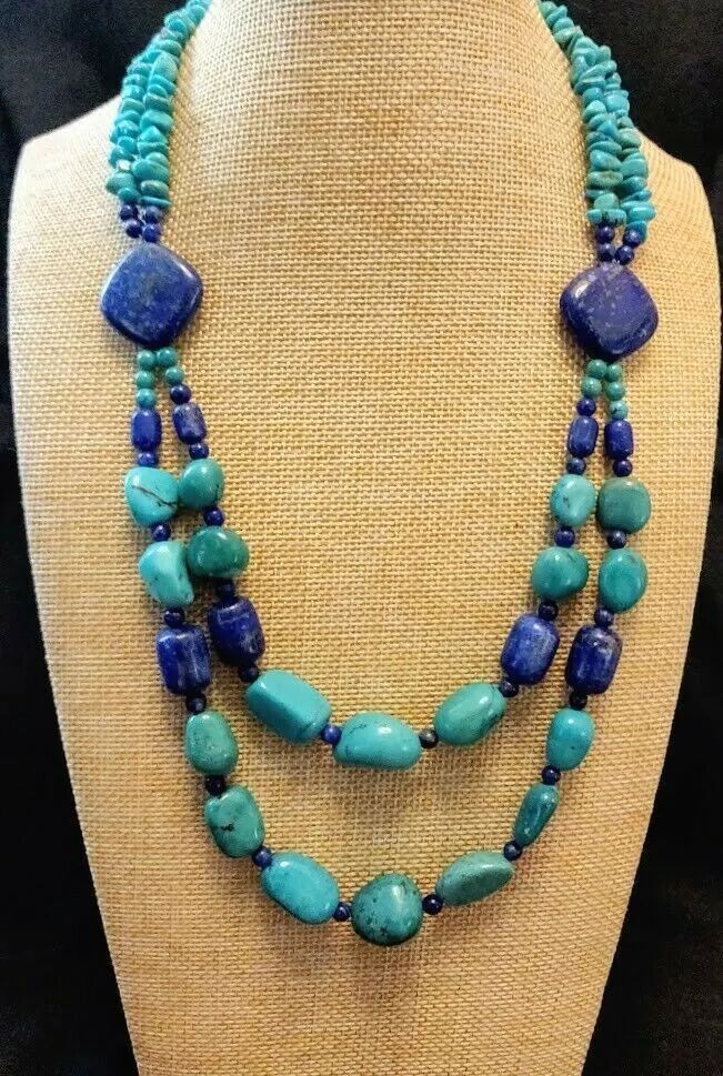 Jay King Azure Peaks Turquoise and Lapis Double Strand 18" Necklace NIB | eBay Southwestern Blue Gemstone Necklace, Blue Double Strand Natural Stones Jewelry, Adjustable Turquoise Stone Necklace, Turquoise Lapis Lazuli Round Bead Jewelry, Adjustable Turquoise Stone Necklaces, Blue Double Strand Gemstone Beads Jewelry, Adjustable Double Strand Blue Turquoise Necklace, Adjustable Double Strand Turquoise Blue Necklace, Turquoise Double Strand Gemstone Jewelry