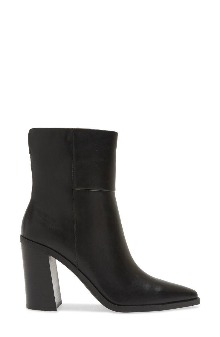 Elevate your cool-season looks with this sleek side-zip bootie framed with a snipped pointy toe and angular stacked heel. 3 1/2" heel 7 1/2" shaft; 12" calf circumference Leather upper/textile and synthetic lining/synthetic sole Imported Sleek Ankle Heeled Boots With Zipper, Chic Fall Platform Boots With 4-inch Heel, Chic Platform Boots With 4-inch Heel For Fall, High Ankle Boots With Stacked Heel For Night Out, Chic High Ankle Boots With Zipper Closure, Sleek Boots With 4-inch Heel For Fall, High Ankle Heeled Boots With Zipper For Night Out, Modern Ankle-high Heeled Boots With Zipper, Modern Ankle-high Heeled Boots With Zipper Closure