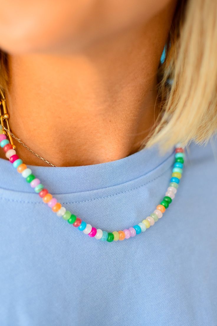 Add a pop of color to your outfit with our Rainbow Necklace Luxe - Confetti Gemstone! This on trend necklace stack features vibrant gemstones, so unique, making it a best seller with five stars. Stand out and be the envy of others with this playful and stylish piece. Product Details: 16" lobster claw 2" extender Fun Multicolor Everyday Jewelry, Trendy Crystal Necklace With Beaded Chain, Trendy Multicolor Jewelry For Everyday, Trendy Single Strand Everyday Necklace, Trendy Multicolor Everyday Jewelry, Trendy Rainbow Beaded Necklaces With Round Beads, Trendy Rainbow Beaded Necklace With Round Beads, Trendy Jewelry With Colorful Round Beads, Fun Adjustable Necklace For Everyday