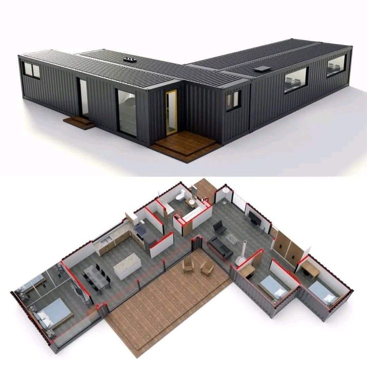 two renderings of a house with the floor plan and kitchen area in different views