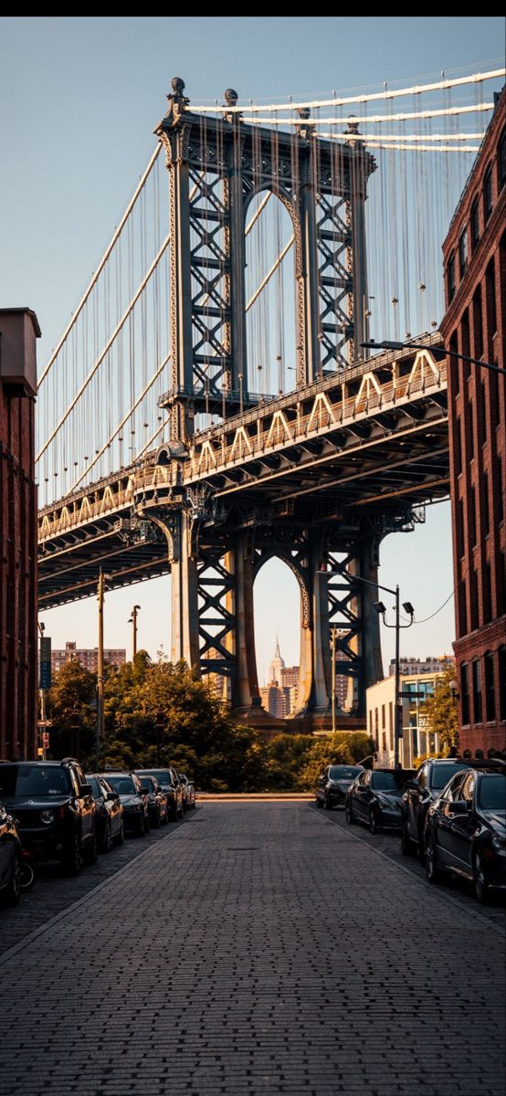 cars are parked in front of the bridge