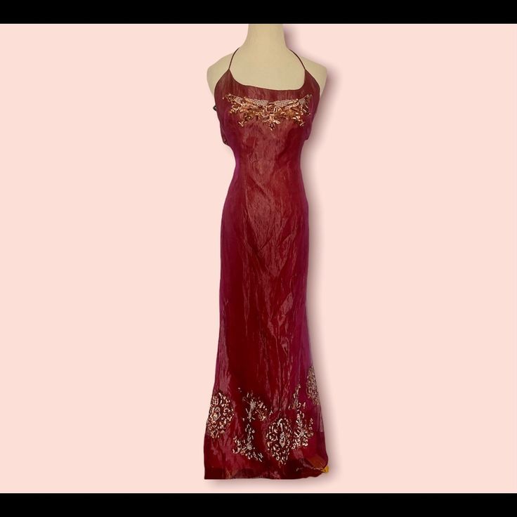 [Nicole Miller] Burgundy Beaded Silk Lined Gown Sz: 12 Nwt! 53% Viscose/32% Metal/ 15% Silk. Part Of The Millennium Collection. Length: 54”. Cutout Back. Halter Style. Zipper Closure. Silk Sequined Maxi Dress For Wedding, Red Embroidered Fitted Maxi Dress, Embellished Silk Floor-length Maxi Dress, Embroidered Silk Evening Gown, Fitted Embroidered Maxi Dress For Prom, Elegant Embroidered Festive Evening Dress, Festive Fitted Evening Maxi Dress, Evening Embroidered Silk Maxi Dress, Silk Embroidered Maxi Dress For Evening