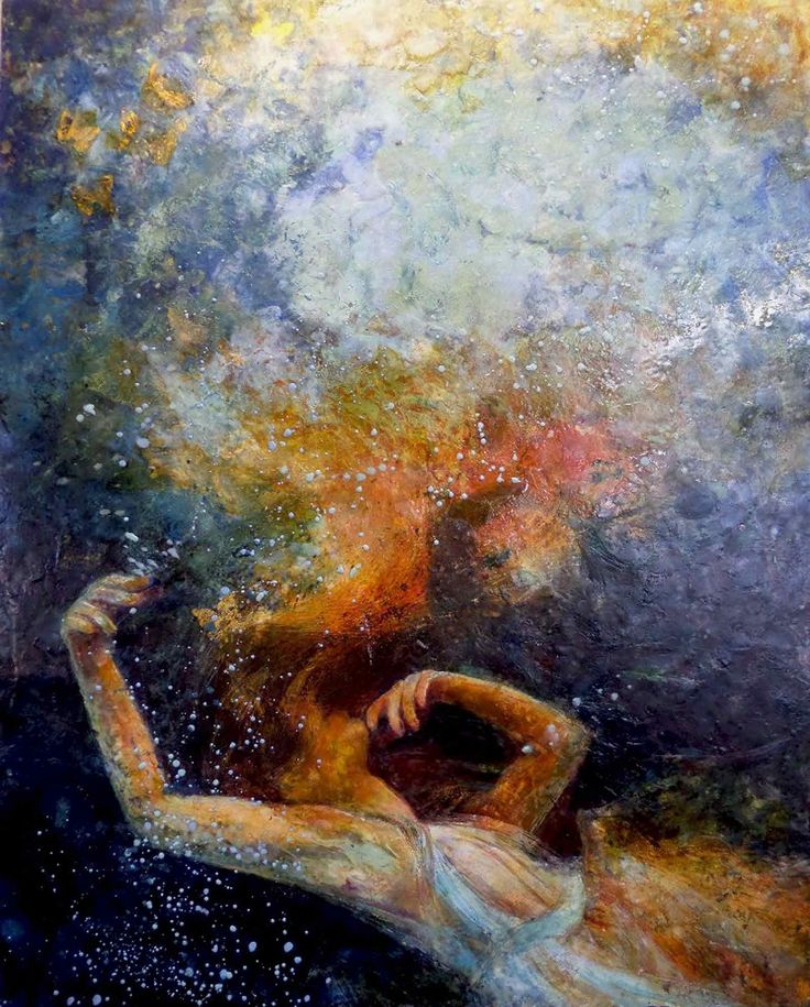 an oil painting of a woman floating in the water with bubbles coming out of her body