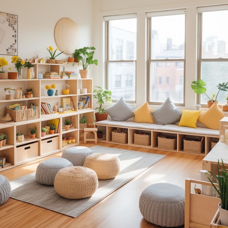 a living room filled with lots of furniture and plants on the windows sills