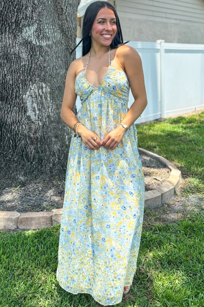 Floral Maxi Dress | Sophie & Trey Fitted Long Sundress For Day Out, Trendy Floral Print Maxi Dress For Day Out, Chic Fitted Long Sundress, Chic Long Dress For Day Out, Chic Fitted Maxi Sundress, Fitted Chic Sundress Maxi Length, Lined Midi Sundress For Casual Wear, Spring Maxi Dress For Casual Wear, Lined Midi Sundress For Casual Occasions