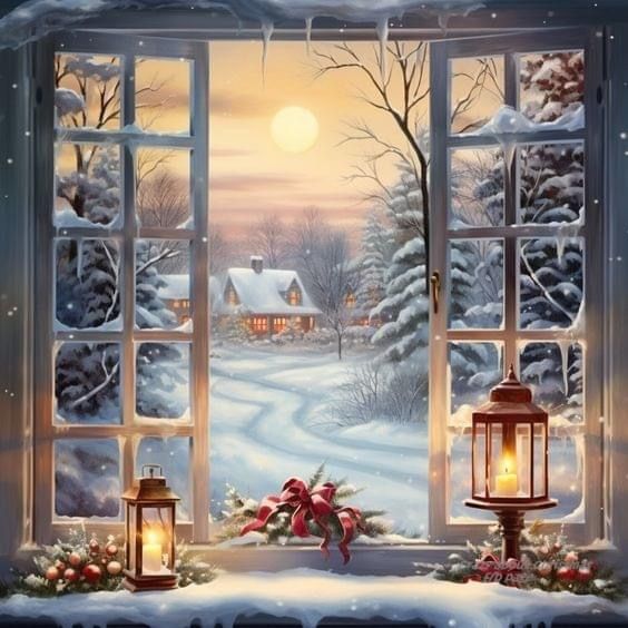 an open window with christmas decorations and lights on the windowsill, in front of a snowy landscape