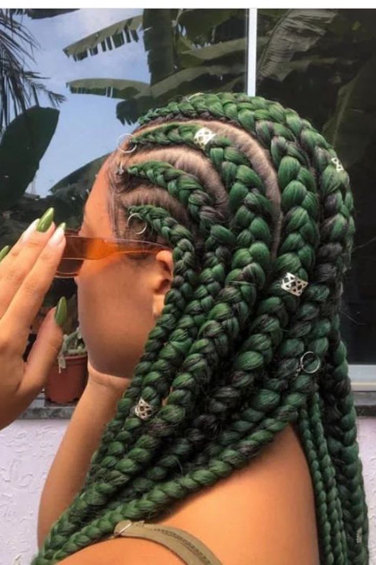 Cornrows Braids Green Cornrows Braids, Green Cornrows, Dark Green Box Braids, Green And Blonde Braids, Green Braids For Black Women, Box Braids Green, Green Box Braids, Box Dreads, Big Twist Braids Hairstyles