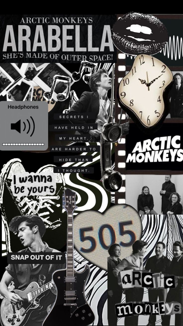 various black and white images with the words arctic monkeys, ariabella, arctic monkeys