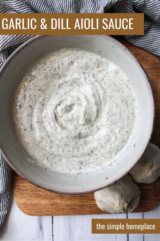 garlic and dill aioli sauce in a white bowl