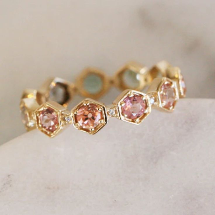 New Golden And Pink Ring Inlaid Cz Pink Gemstone Zircons Sz 10 This Crown-Like Ring Encompassed In A Hexagon Setting With Tiny Diamonds Nestled In Between. Carina Stacks Beautifully With Others - But Wow Does She Stand Well On Her Own. .80 Cts Of Tourmalines And .06 Cts Of Pink And Rose Gemstones Just For You. Please Expect Variation In These Genuine Gemstones This Ring Is 3mm / 1mm Alternating Height New In Box! About Our Closet: Original Owner. Nonsmoking/No Pets/Fragrance-Free. Fast Shipping. Elegant Stackable Tourmaline Jewelry, Fine Jewelry Rings With Rose Cut Diamonds And Tourmaline, Vermeil Jewelry, Girly Jewelry, Jewelry Inspo, Stylish Jewelry, Pretty Jewellery, Schmuck Design, Bling Bling