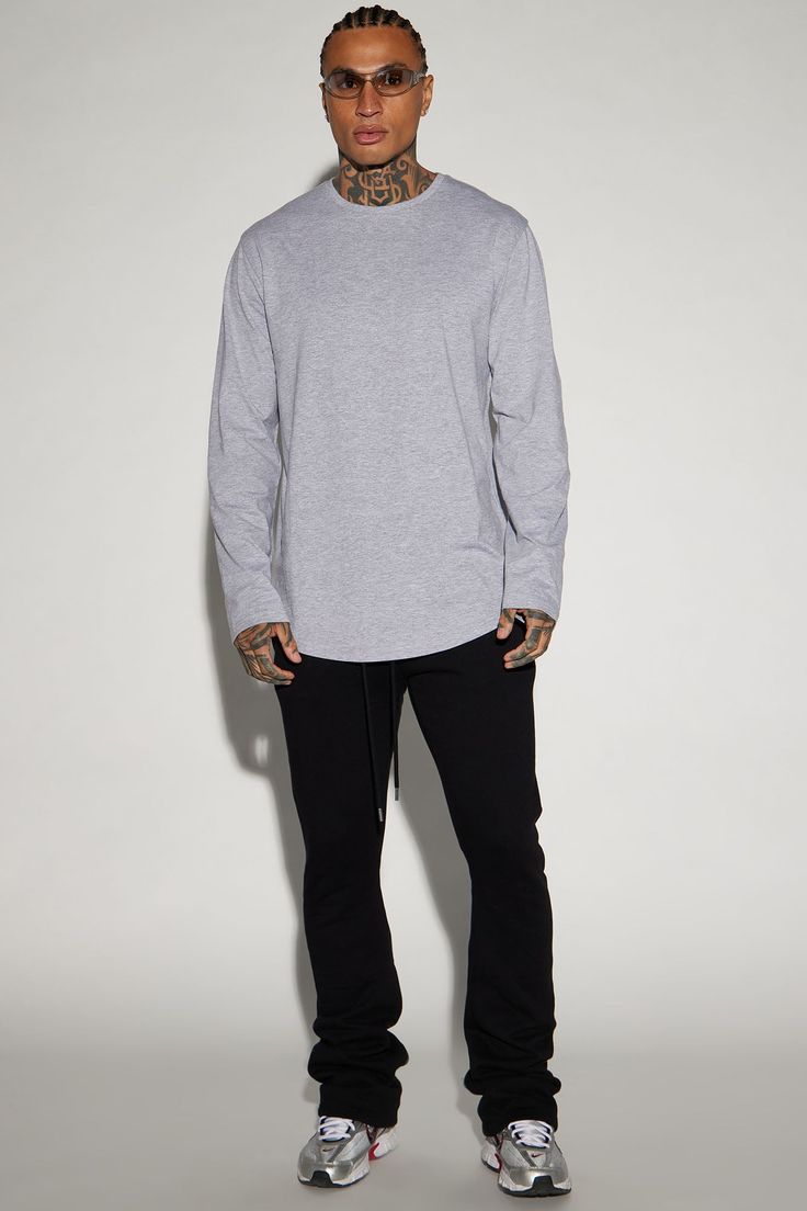 Model Height: 6'2 - Wearing Large Big & Tall: Height 6'3 - Wearing XXXL Available In Black, Burgundy, Grey, Navy, Olive And White Crew Neck Long Sleeve 90% Cotton 10% Viscose Imported | Mens Essential Long Sleeve Scallop Tee Shirt in Grey size Small by Fashion Nova White Crew Neck, Mens Essentials, Big & Tall, Black Border, Grey Fashion, Solid Black, Fashion Nova, Tee Shirt, Tee Shirts