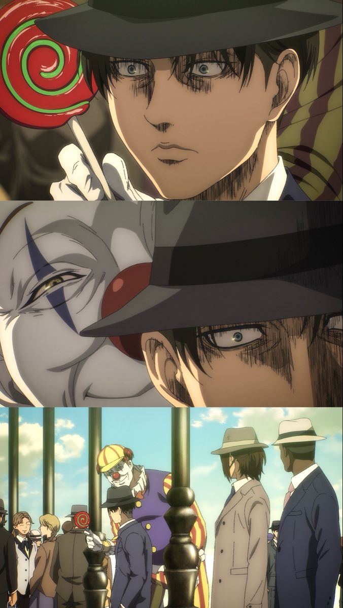 an anime scene with two men in suits and hats, one is looking at the camera