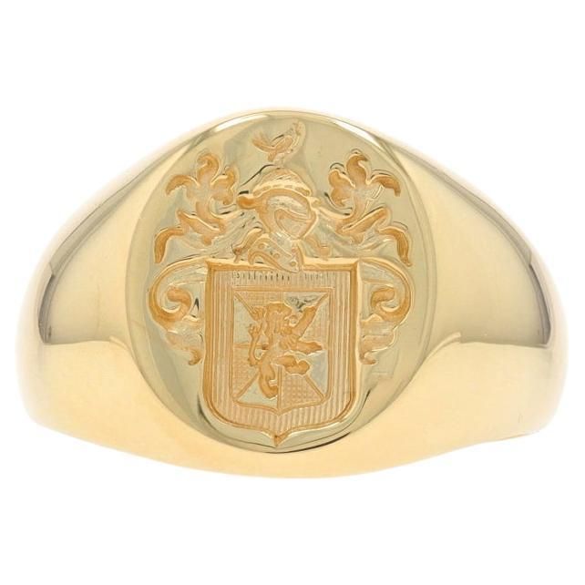 Size: 8 1/4 Sizing Fee: Up 3 sizes for $100 or Down 2 sizes for $50 Metal Content: 18k Yellow Gold Style: Signet Theme: Crest, Coat of Arms Measurements Face Height (north to south): 19/32" (14.7mm) Rise Above Finger: 1/8" (2.9mm) Weight: 15.1 Grams Stamps: 18k Condition: Pre-Owned Professionally cleaned, polished, and tested to guarantee metal content. Mens Signet Ring, Family Crest Rings, Signet Ring Men, Ring Hand, Rise Above, German Army, La Face, Modern Ring, Men's Ring