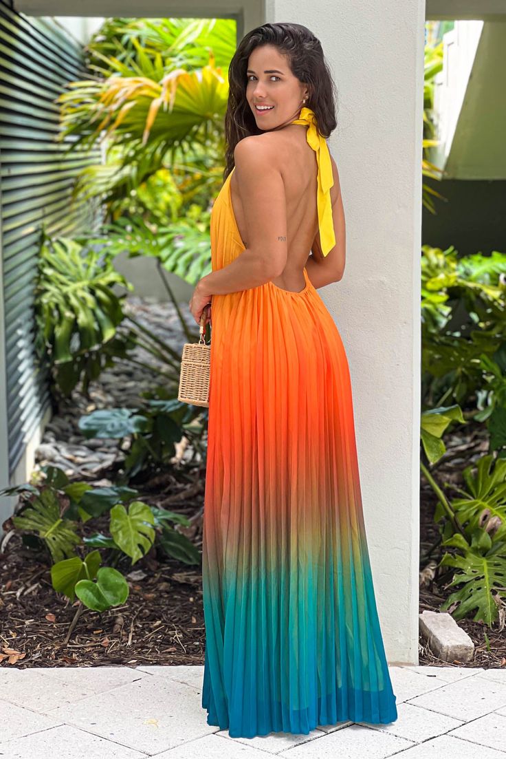 Multicolor Maxi Dress For Summer Parties, Multicolor Backless Maxi Dress For Summer, Multicolor Backless Summer Maxi Dress, Backless Multicolor Summer Maxi Dress, Summer Multicolor Backless Maxi Dress, Gradient Sleeveless Maxi Dress For Party, Sleeveless Gradient Maxi Dress For Party, Ombre Dress For Spring Vacation, Spring Beach Dresses In Gradient Colors