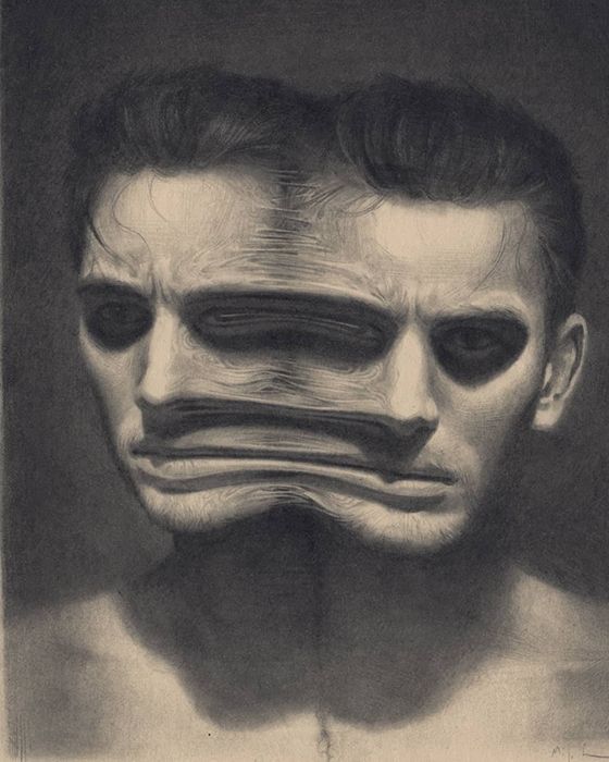 a drawing of a man's face with two faces on it