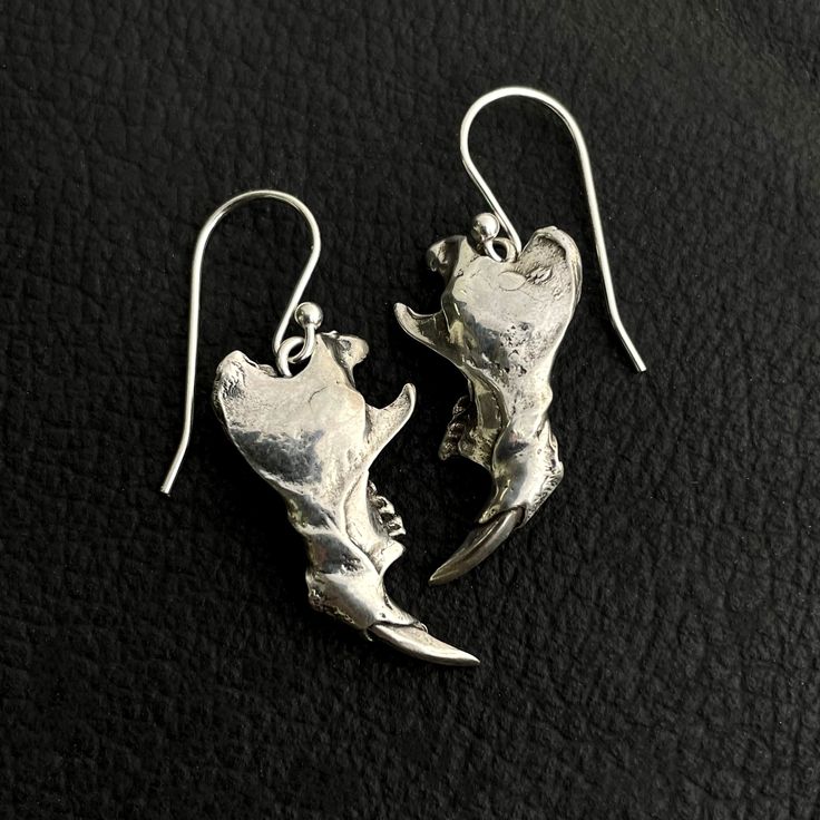 "One pair of rat jaw earrings, available in brass ($69) or sterling silver ($89). These jaws have a story. A friend in southern Arizona has a pair of great horned owls as neighbors. These owls perch on their home and trees regularly, and leave owl pellets all over the land. For those who don't know, owl pellets are the undigested parts of the bird's food, such as hair or bones, which are regurgitated (coughed up through the beak). There is often a full mouse or rat skull in each owl pellet, alon Unique Bone-colored Sterling Silver Jewelry, Unique Bone Colored Sterling Silver Jewelry, Handmade Sterling Silver Jewelry In Bone Color, Unique Skull-shaped Sterling Silver Jewelry, Rat Skull, Owl Pellet, Owl Pellets, Southern Arizona, Jaw Bone