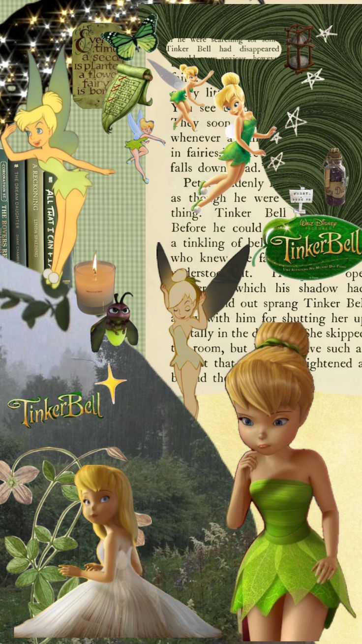 the tinker bell fairy is standing in front of a book page with images of tinkerbells