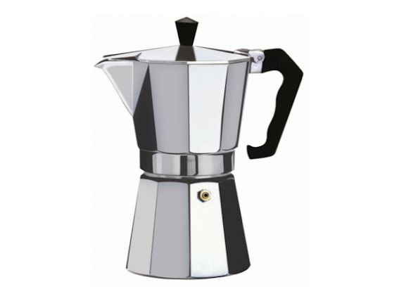 a stove top coffee maker with a black handle on the front and bottom, in stainless steel