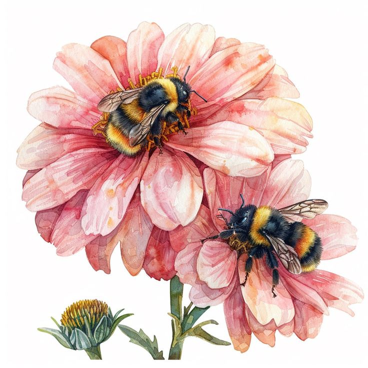 two bees are sitting on top of pink flowers