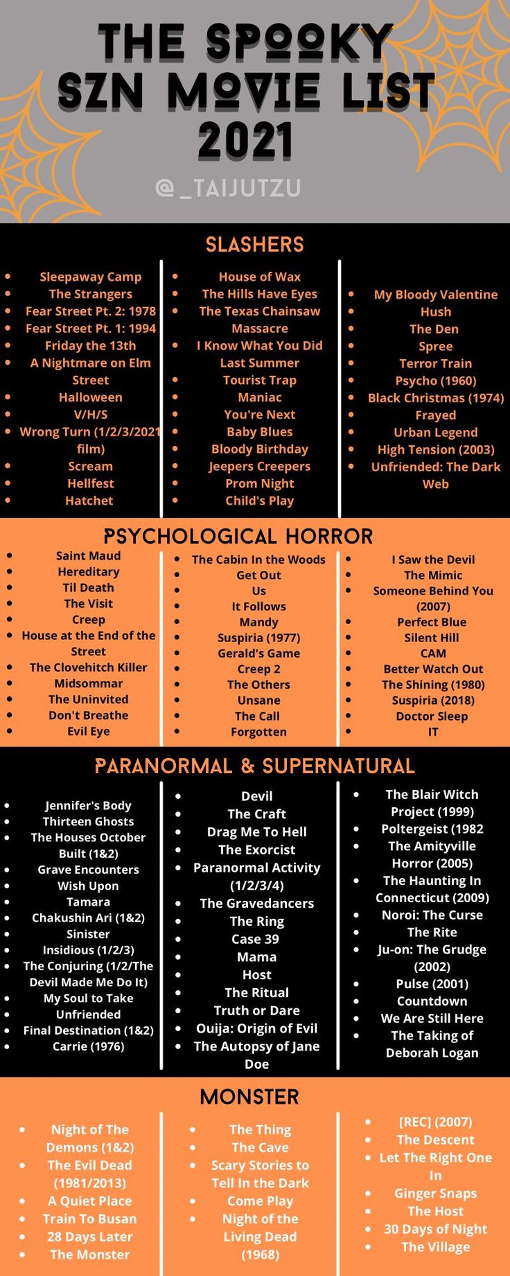 the spooky movie list is shown in black and orange, with an orange background