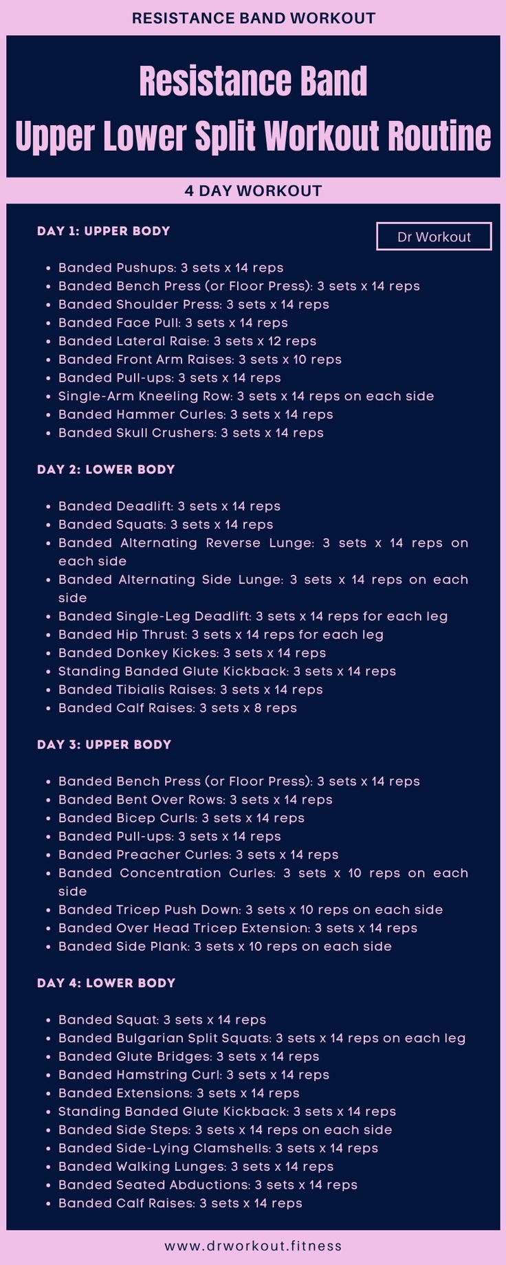 a poster with the words, resistance band upper lower split workout routine and day workout