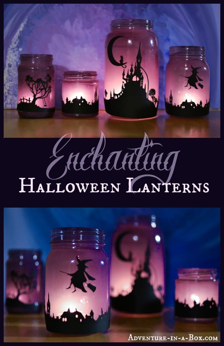 there are many mason jars that have halloween decorations in them, and one is decorated with the silhouettes of witches