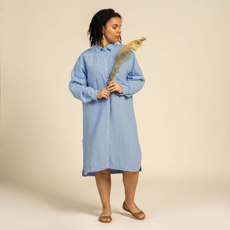 Linen Oversize Shirt Dress Margo Cloudy Blue Casual Blue Linen Dress For Daywear, Casual Blue Linen Dress For Day Wear, Casual Oversized Linen Workwear Dress, Oversized Linen Dress For Work Casual Style, Casual Blue Linen Dress For Work, Long Sleeve Flax Linen Day Dress, Long Sleeve Flax Linen Dress For Daywear, Long Sleeve Linen Dress In Flax For Daywear, Casual Blue Linen Long Sleeve Dress