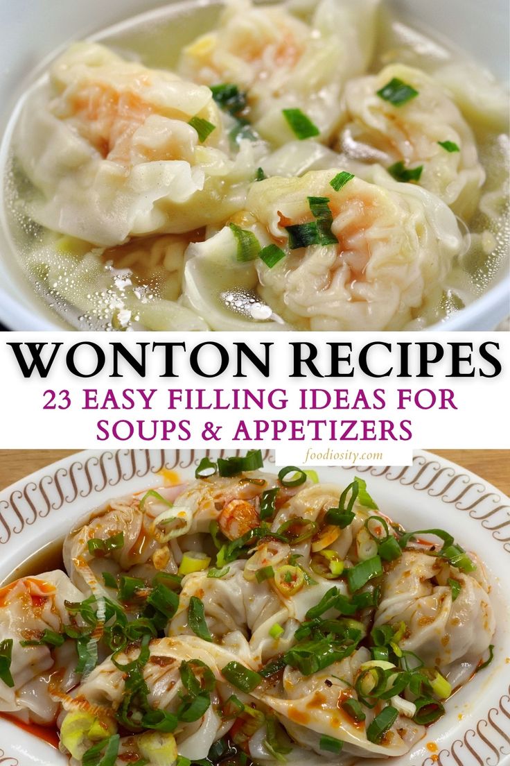 the cover of wonton recipes is shown in three different pictures, including dumplings and vegetables