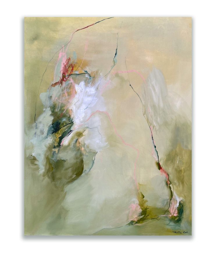 an abstract painting with white and pink colors