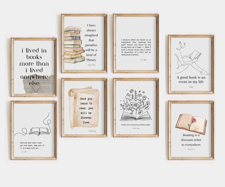 six framed books are hanging on the wall next to each other, with different quotes