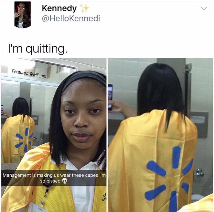 a woman wearing a yellow jacket with blue letters on it and the caption i'm quiting