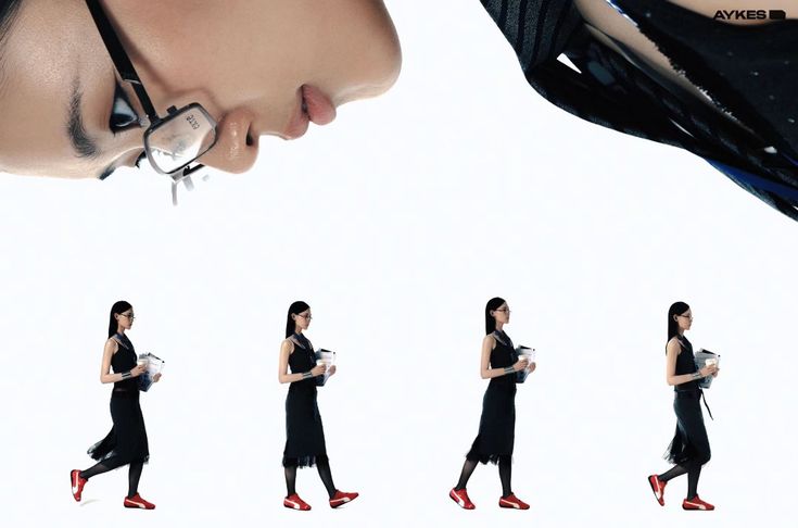 a woman with glasses is walking in different directions