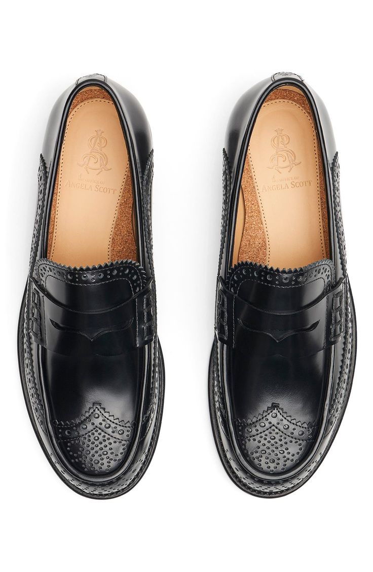 Wingtip styling elevates the look of a classic penny loafer shaped from burnished Italian leather. Leather upper, lining and sole Imported Black Penny Loafers Women, Office Couture, Footwear Aesthetic, Office Of Angela Scott, Womens Penny Loafers, Womens Loafers, Office Chic, Loafers Style, Penny Loafer