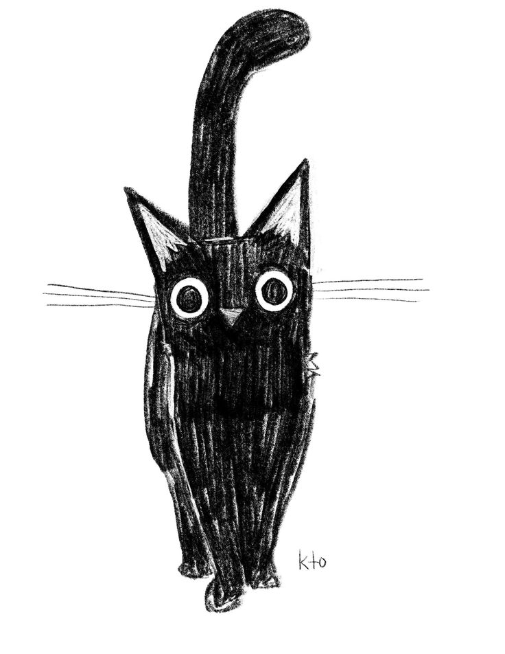 a drawing of a black cat with big eyes and whiskers on it's tail