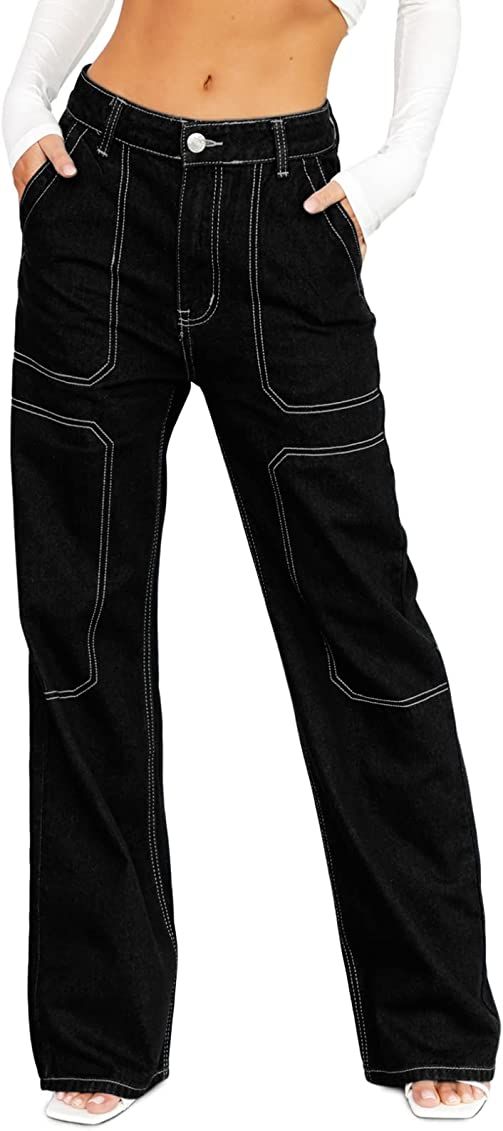 Sidefeel Women Casual Loose Mid Rise Cargo Jeans Wide Leg Denim Pants US4 Black at Amazon Women's Jeans store Yk2 Fashion, Styling Wide Leg Jeans, Wide Leg Denim Pants, Casual Denim Jeans, Pants With Pockets, Women Cargos, Cargo Pants Women, Cargo Jeans, Wide Leg Denim