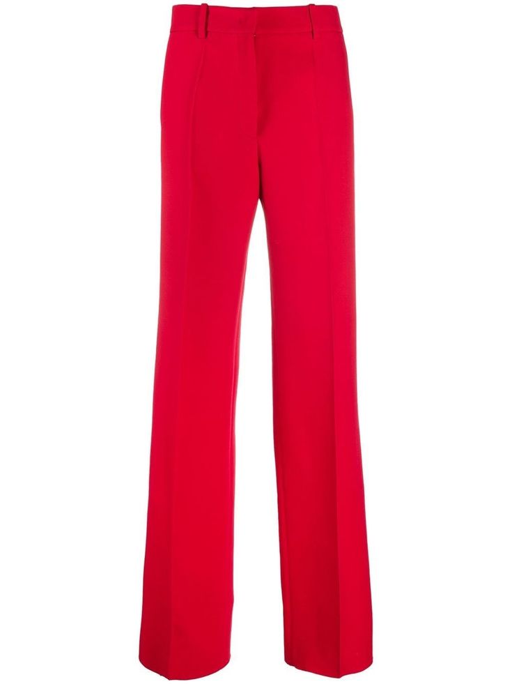 Red virgin wool-silk blend high-waisted wide-leg trousers from VALENTINO featuring concealed front fastening, belt loops and two side inset pockets. | Valentino High-Waisted Wide-Leg Trousers Tailored Red Dress Pants For Formal Occasions, Elegant Tailored Red Dress Pants, Chic Red Silk Bottoms, Elegant Party Pants With Pressed Crease, Red Silk Party Bottoms, Classic Red Formal Pants, Classic Formal Red Pants, Red Elegant Formal Dress Pants, Elegant Red Formal Dress Pants