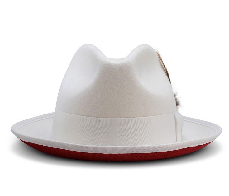 Montique White Matching Grosgrain Ribbon 2 ¼ Brim Red Bottom Wool Felt Dress Hat H-75 - Suits & More Fitted White Fedora For Kentucky Derby, White Fitted Fedora For Kentucky Derby, Red Fitted Fedora For Kentucky Derby, Fitted White Fedora For Formal Occasions, Retro Fitted Fedora For Formal Occasions, Red Fitted Hat For Formal Occasions, Fitted White Fedora With Flat Brim, Vintage White Fedora With Short Brim, Formal Fitted White Fedora