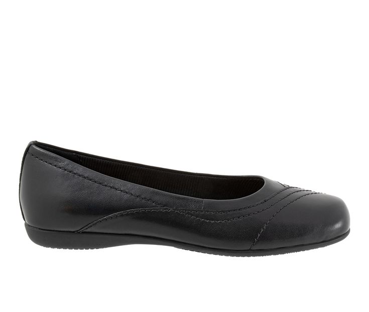 The ballerina flat, Sasha, is dressed up with classy stitching detail covering the toe. A great everyday walking tailored flat for work or play. Leather upper, Slip on entry,0.75\ low heel, Round toe, High bouncing PU foam with perfs, Rubber outsole | Women's Trotters Sasha Flats in Black Size 7 The Ballerina, Shoe Carnival, Ballerina Flats, Black Flats, Loafers For Women, Womens Flats, Low Heels, Flat Shoes Women, Loafer Flats