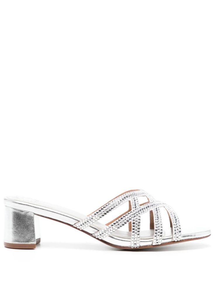 silver-tone leather crystal embellishment slip-on style open back branded leather insole round open toe low block heel Low Block Heels, Crystal Embellishment, Mules Shoes, Open Back, Block Heels, Open Toe, Silver Tone, Slip On, Crystals