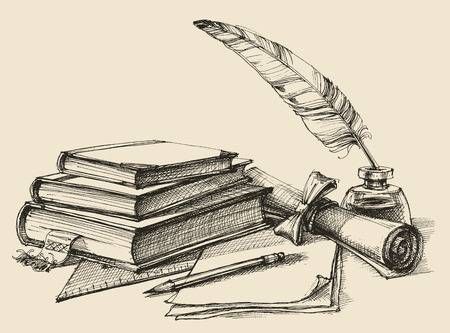 an ink pen and some books with a feather quill on the table hand drawn illustration